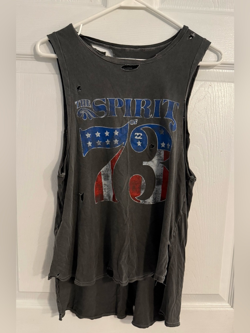 Women’s Billabong Gray Distressed Muscle Tank W/Holes Red White Blue Logo Size S